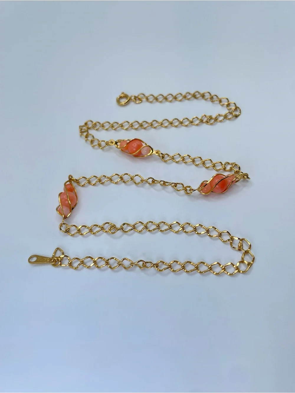 Avon Coral Red Glass Beaded Necklace Vintage Wire Wrapped Station Chain Necklace